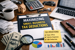 Clipboard with not saying Maximizing Small Business Tax Deductions laying on desk with tax deduction related items, AI Generated - Brown, Chism & Thompson
